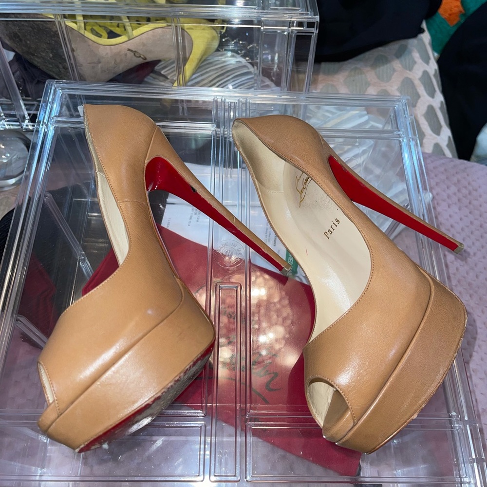 Christian Louboutin tan peep toe shoes